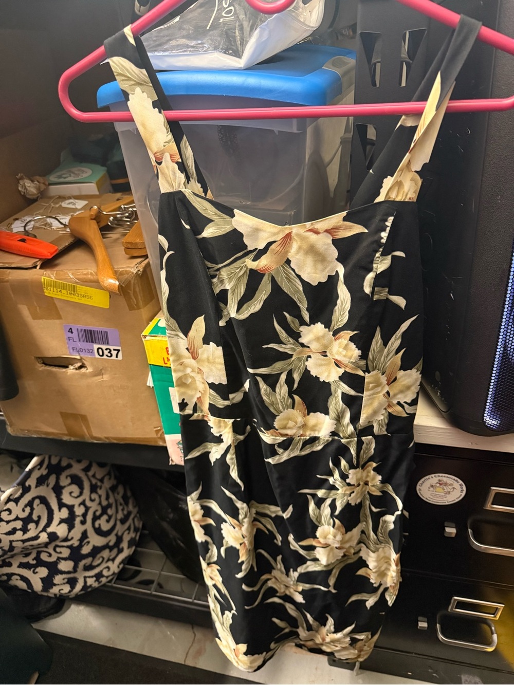 Black Floral Midi Dress with Cream Yellow Blooms